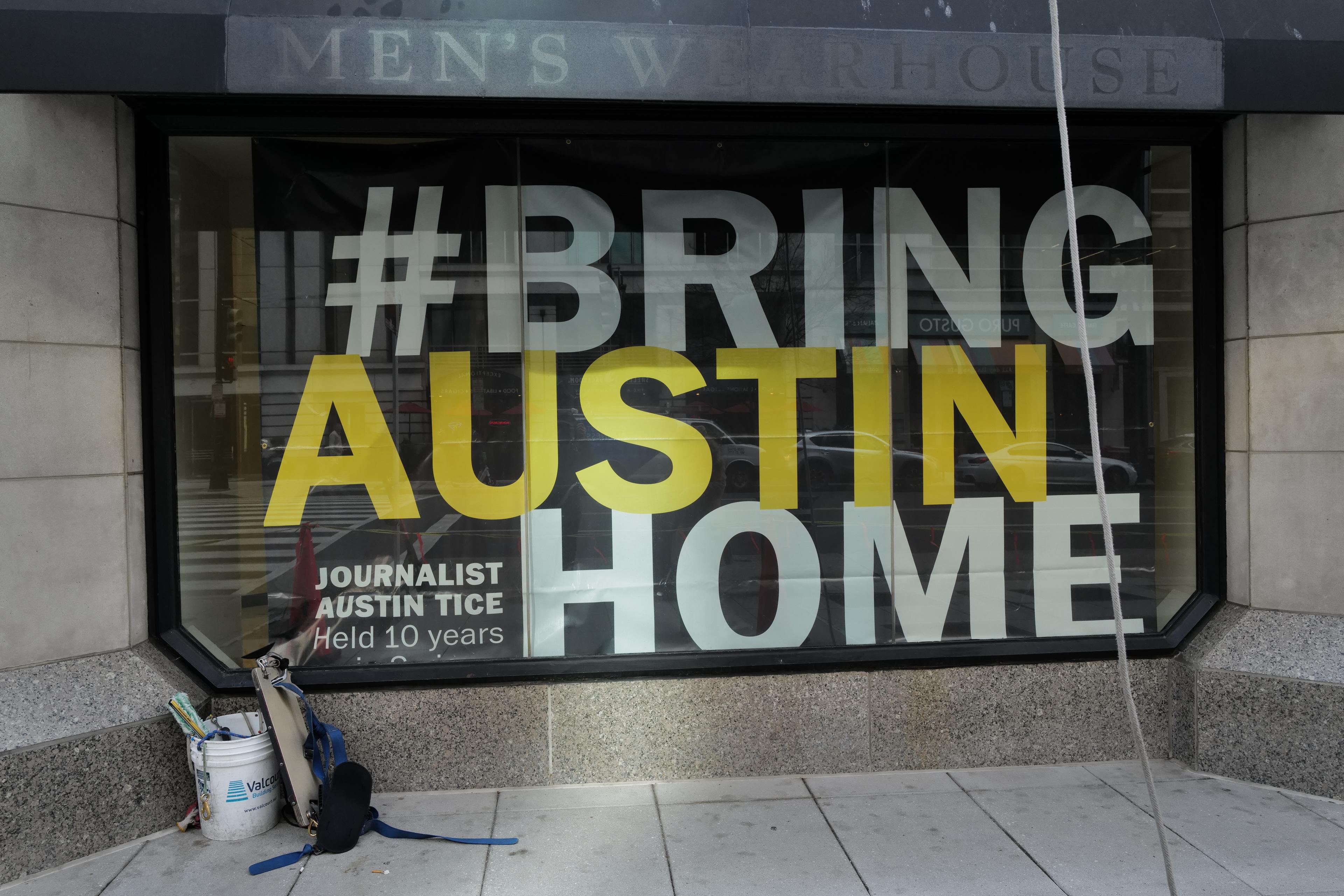 A sign at the National Press Club calling for the release of journalist Austin Tice held captive in Syria since 2012 