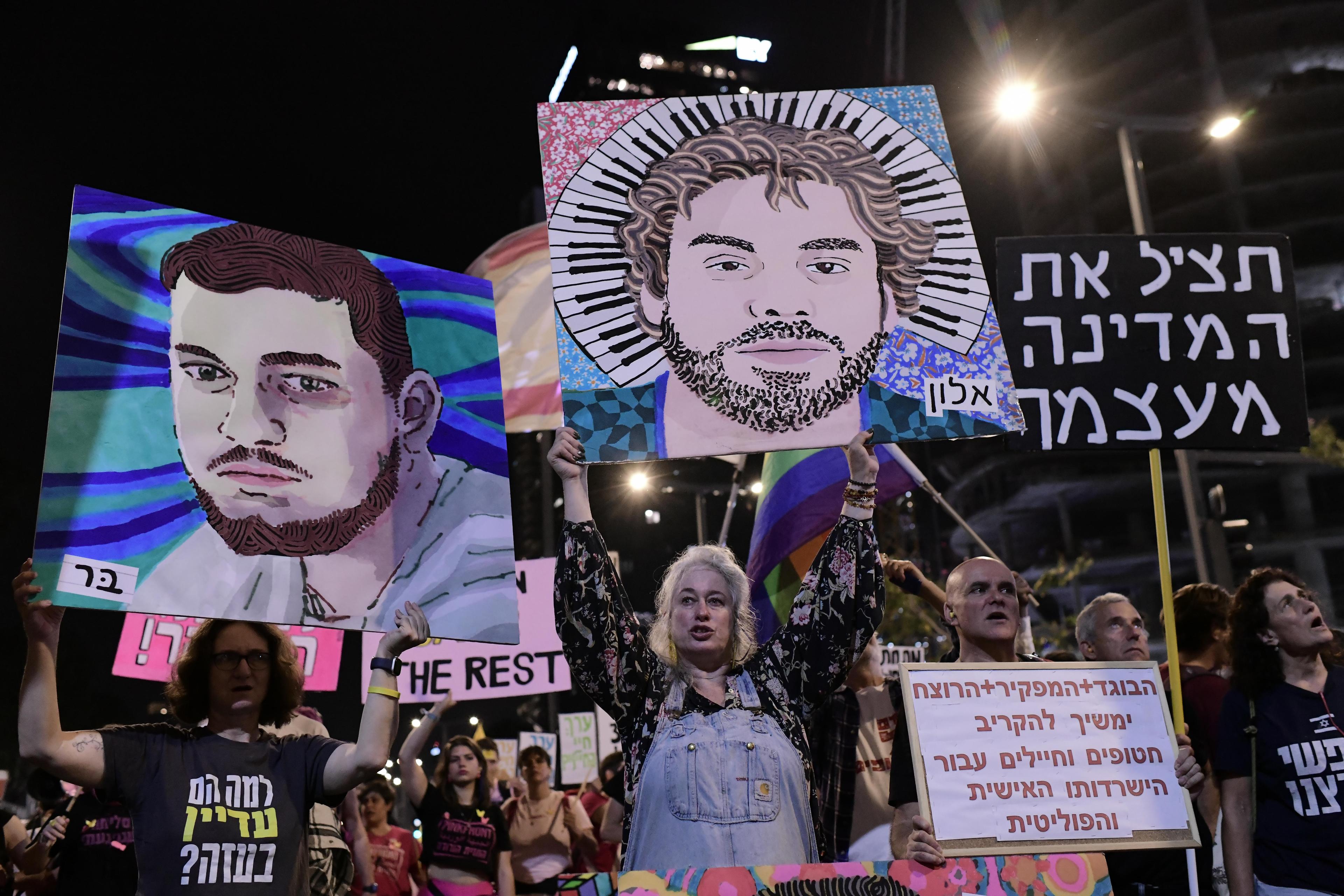 Demonstrators protest against the Israeli government and for the release of Israelis held hostage in the Gaza Strip outside Hakirya Base in Tel Aviv, May 10, 2025. 