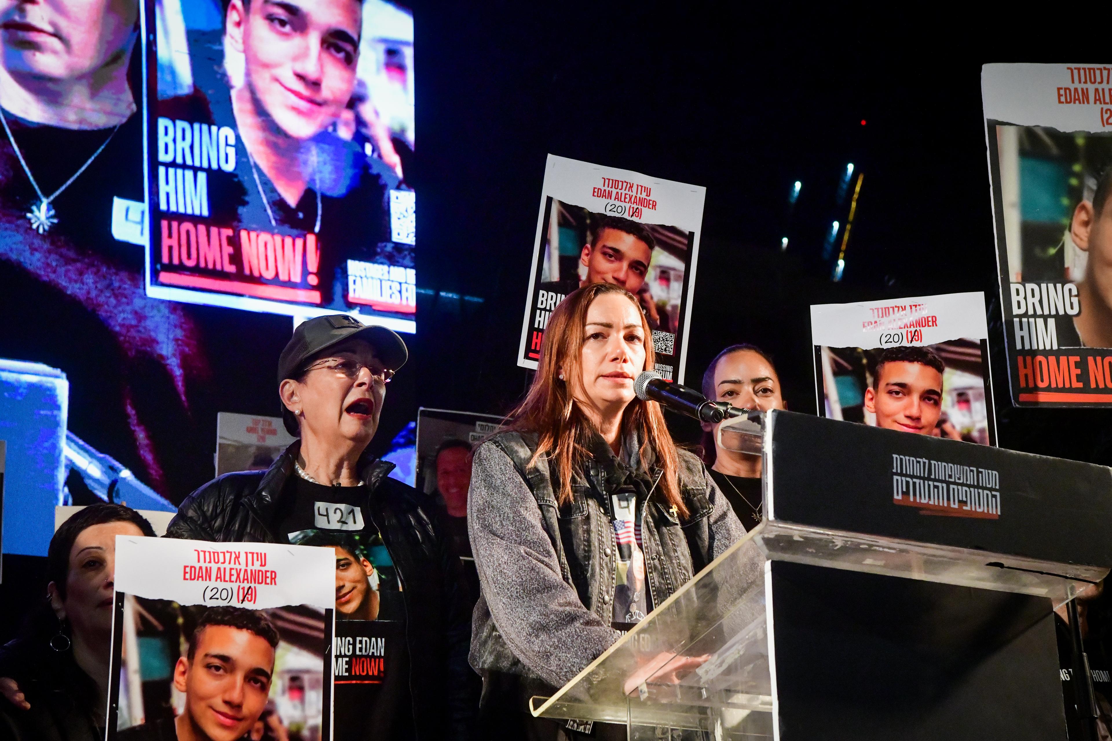 Yael Alexander, mother of Israeli hostage Edan Alexander speaks during a rally calling for the release of Israelis held hostage by Hamas terrorists in Gaza, at "Hostage Square" in Tel Aviv, November 30, 2024