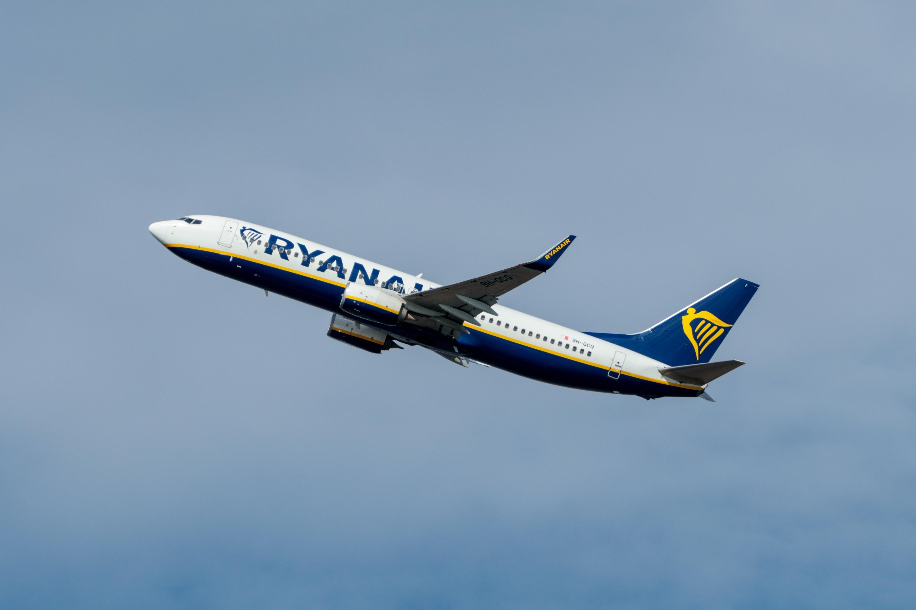 A Ryanair airplane takes off from the airport A Ryanair airplane takes off from the airport