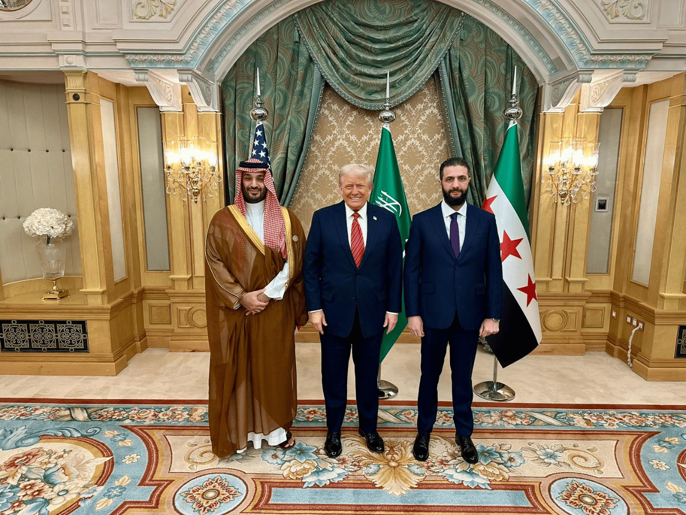 Donald Trump with Al-Julani on his left and Salman on his right Donald Trump with Al-Julani on his left and Salman on his right