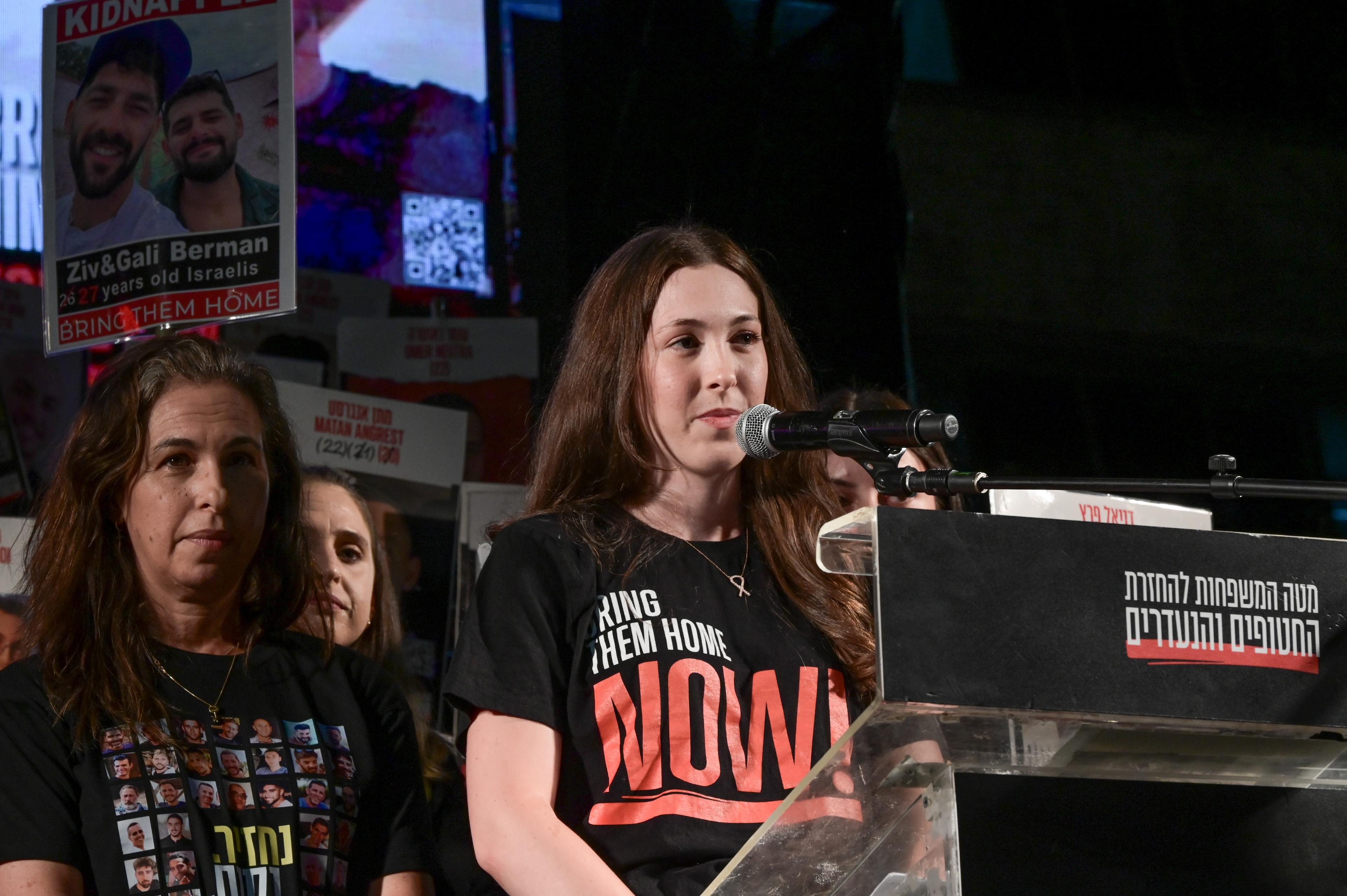 Former hostage Naama Levy speaks during a rally calling for the release of Israelis held hostage by Hamas terrorists in Gaza, at "Hostage Square" in Tel Aviv, May 24, 2025. 