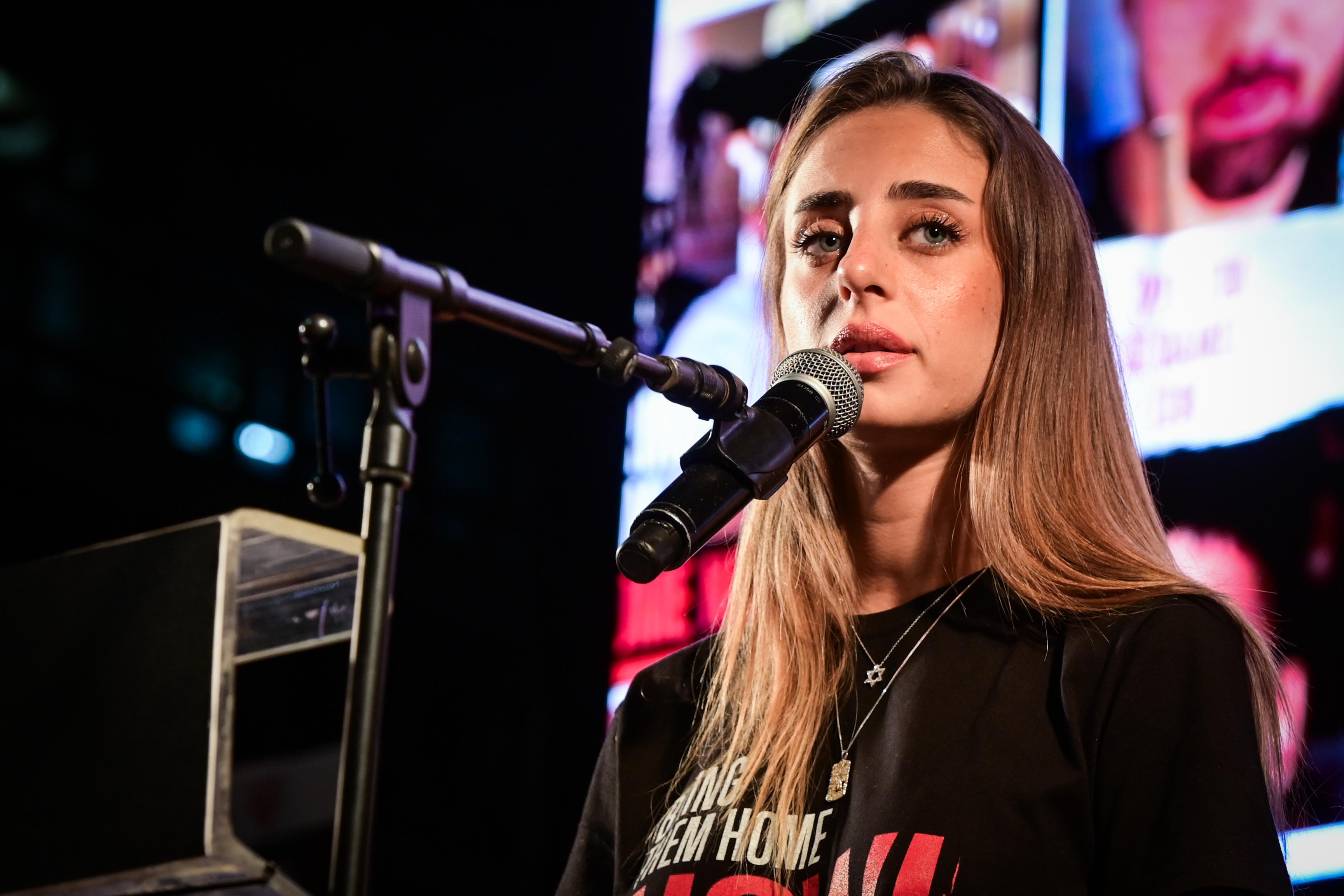 Former hostage Mia Schem speaks during a rally calling for the release of Israelis held hostage by Hamas terrorists in Gaza, at "Hostage Square" in Tel Aviv, May 17, 2025