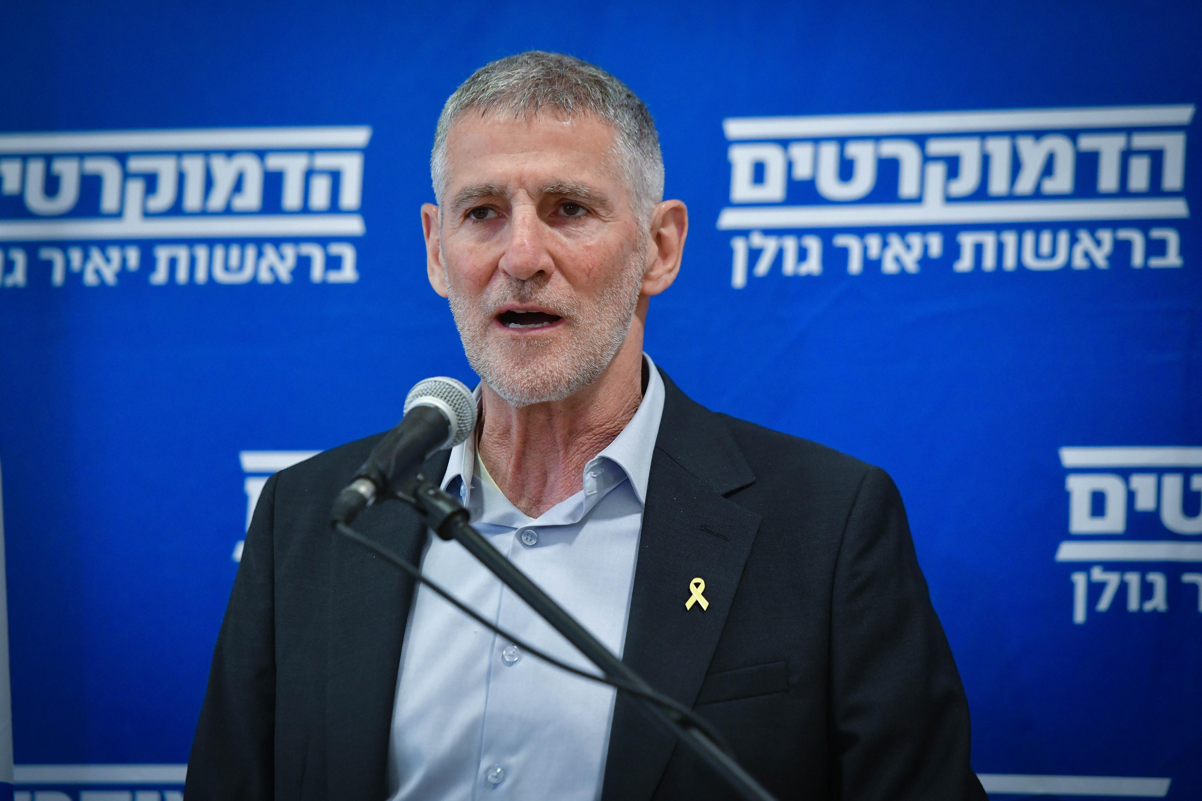 Leader of the Democrats party Yair Golan holds a press conference in Tel Aviv, May 20, 2025