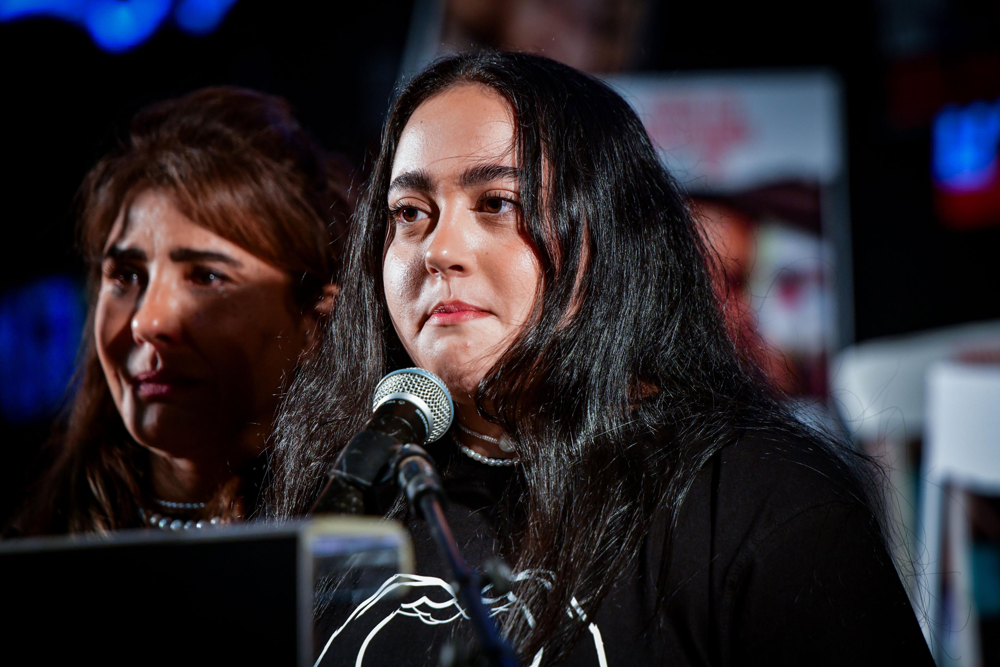 Former hostage Liri Albag speaks during a rally calling for the release of Israelis held hostage by Hamas terrorists in Gaza, at "Hostage Square" in Tel Aviv, April 5, 2025. 