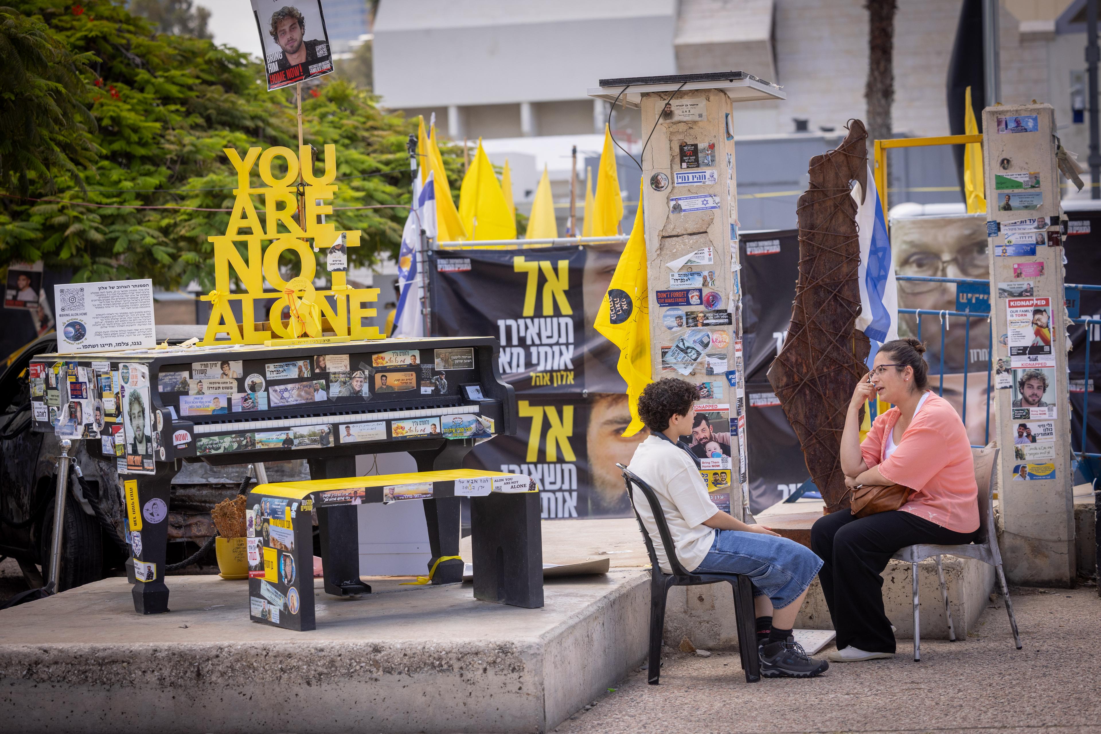Visitors at Hostage Square in Tel Aviv on May 28, 2025. 