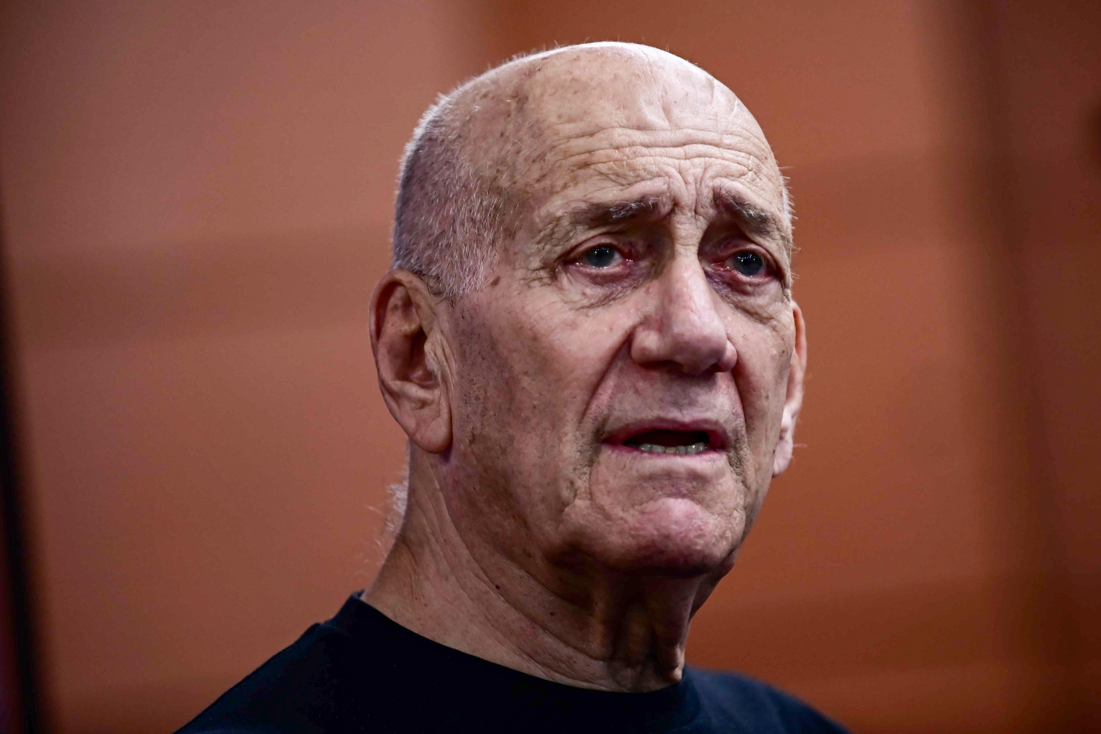 Former Israeli Prime Minister Ehud Olmert testifies during a hearing of the civil investigative committee on the October 7 massacre, in Tel Aviv, August 8, 2024.