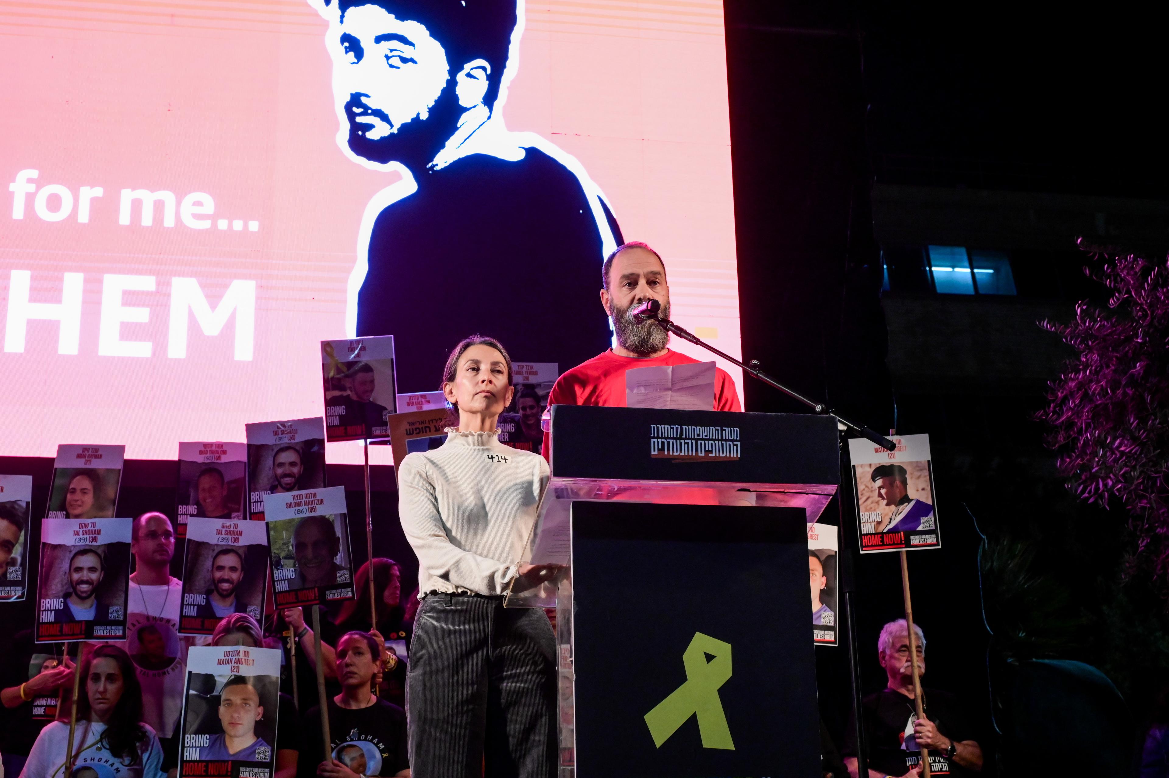 Jon Polin and Rachel Goldberg-Polin, the parents of Hersh Goldberg-Polin who was murdered by Hamas terrorists in captivity speak during a rally calling for the release of Israelis held hostage by Hamas terrorists in Gaza, at "Hostage Square" in Tel Aviv, November 23, 2024. Jon Polin and Rachel Goldberg-Polin, the parents of Hersh Goldberg-Polin who was murdered by Hamas terrorists in captivity speak during a rally calling for the release of Israelis held hostage by Hamas terrorists in Gaza, at "Hostage Square" in Tel Aviv, November 23, 2024.