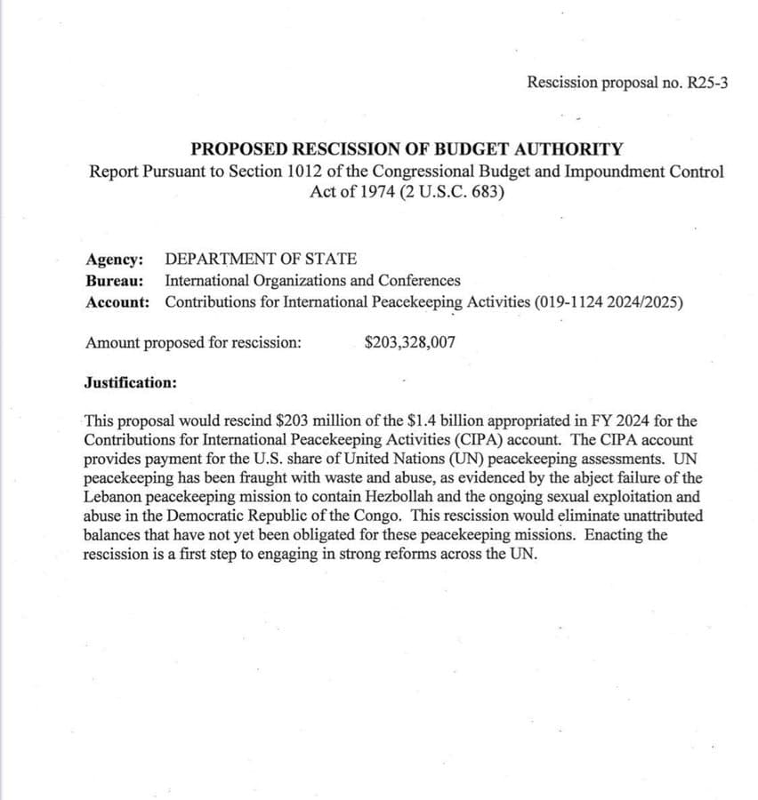 Proposed clawback of UNIFIL funds.