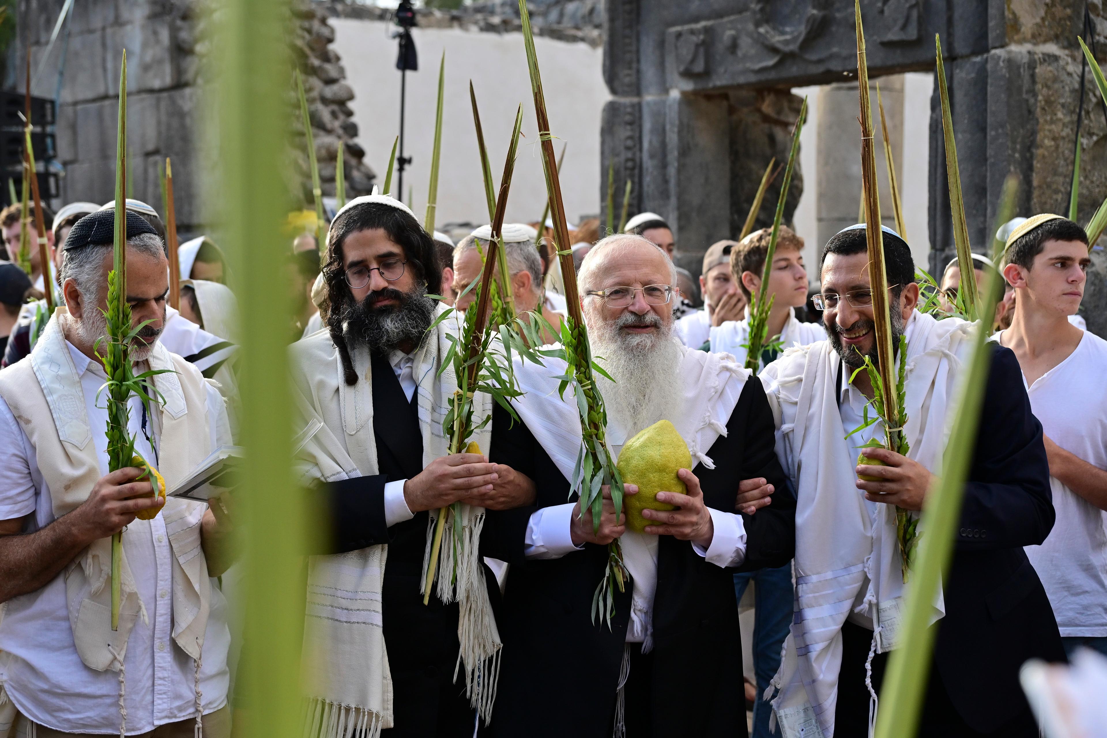 Rabbi Shmuel Eliyahu and his students hold the Four Species as they attend a morning prayer during the Jewish holiday of Sukkot, in Katzrin, northern Israel, on October 12, 2025. 