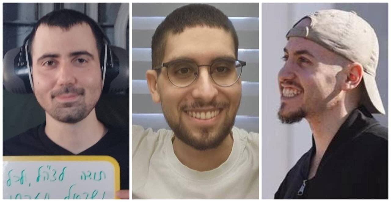 Freed hostages Evyatar David, Guy Gilboa-Dalal and Eitan Mor