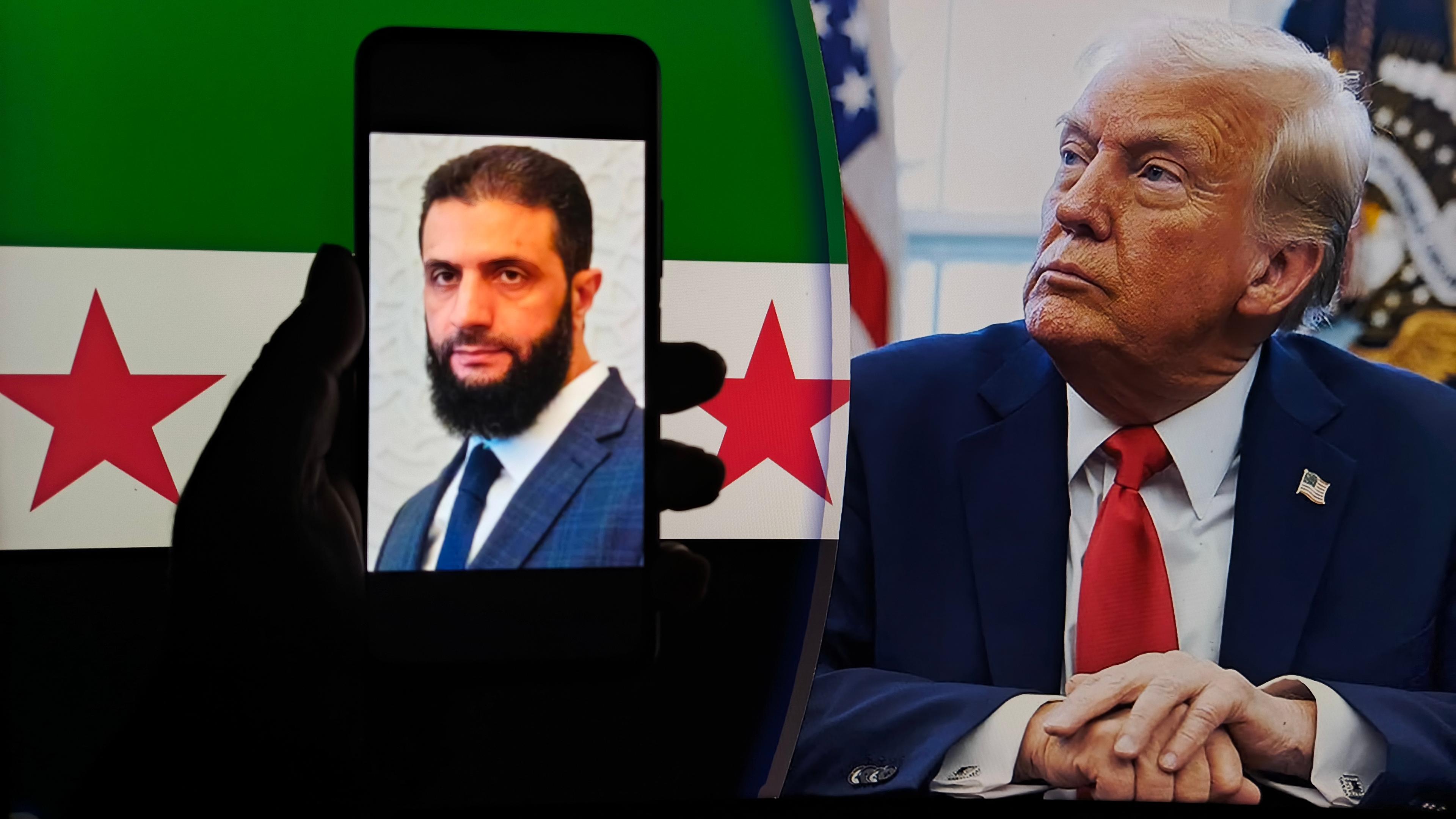 Donald Trump and Ahmad al-Sharaa, who symbolize international relations in the Middle East, on a phone with the Syrian flag in the background.