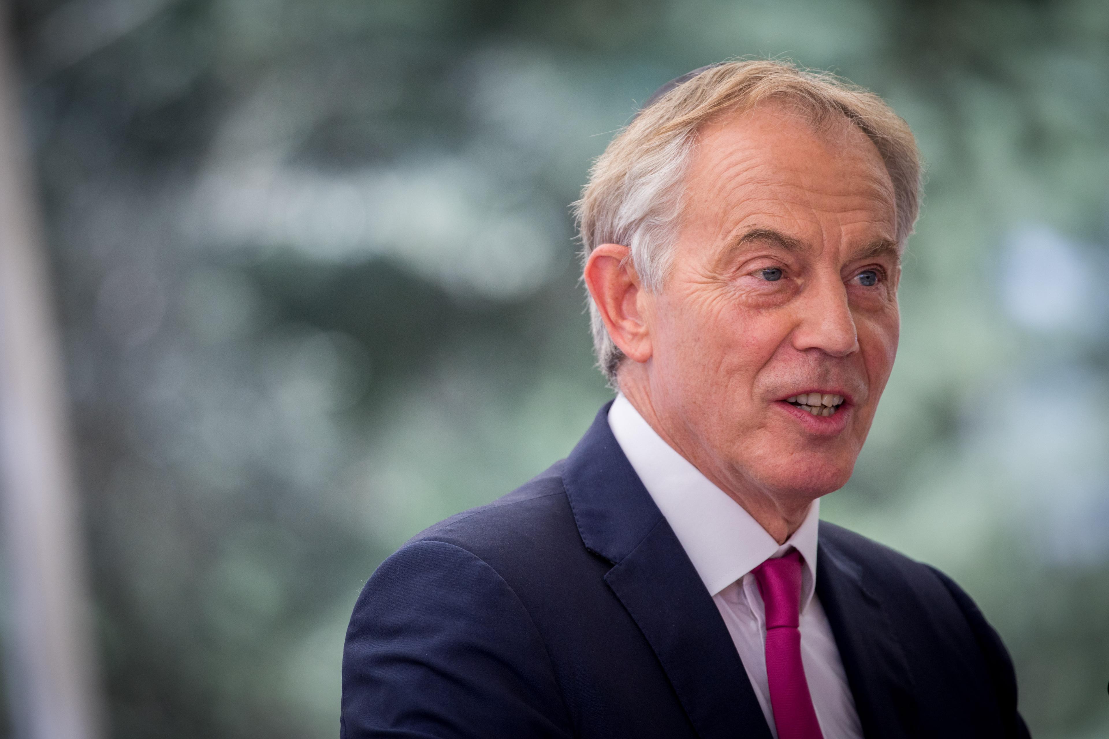 Former Prime Minister of the United Kingdom Tony Blair speaks during a ceremony marking one year since the death of late former President Shimon Peres at Mount Herzl Cemetery in Jerusalem, on September 14, 2017. Peres passed away on September 28, 2016, after suffering from a stroke at the age of 93.