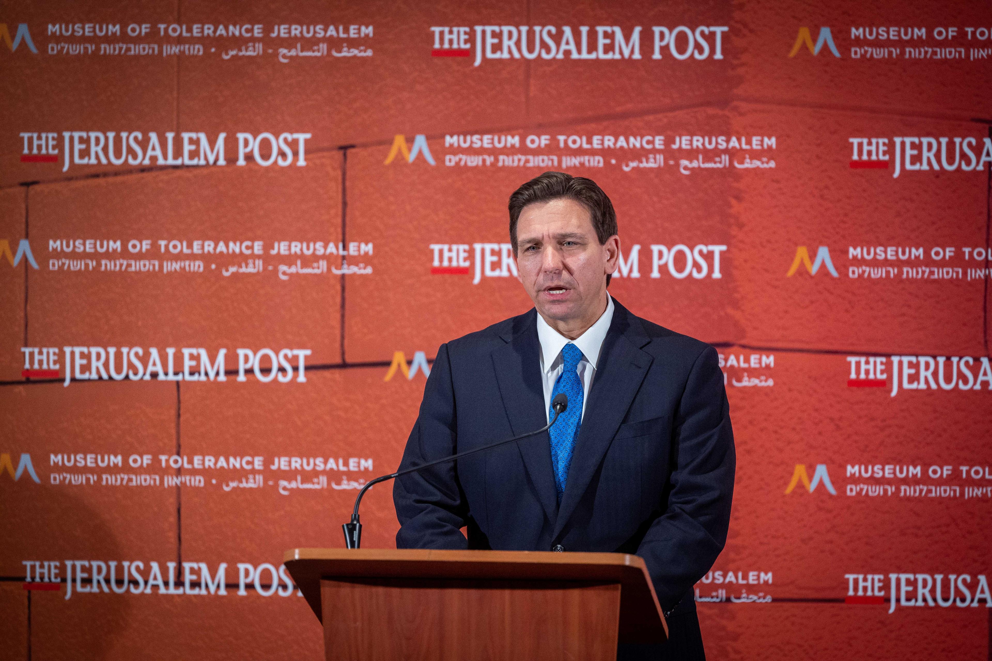 Florida Gov. Ron DeSantis attends a press conference at the Museum of Tolerance in Jerusalem, April 27, 2023. 