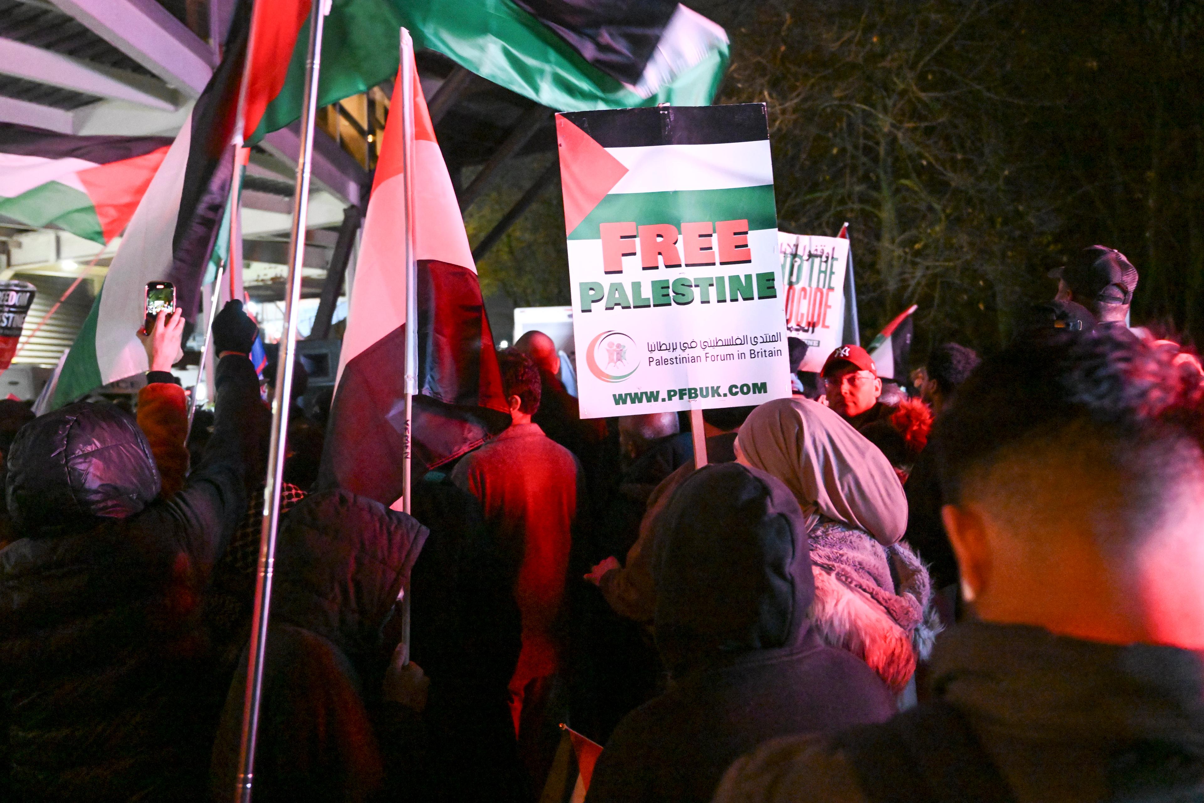 Pro-Palestinian demonstrators protest outside the UEFA Europa League match between Maccabi Tel Aviv and Aston Villa at Villa Park Stadium in Birmingham, England, November 6, 2025.