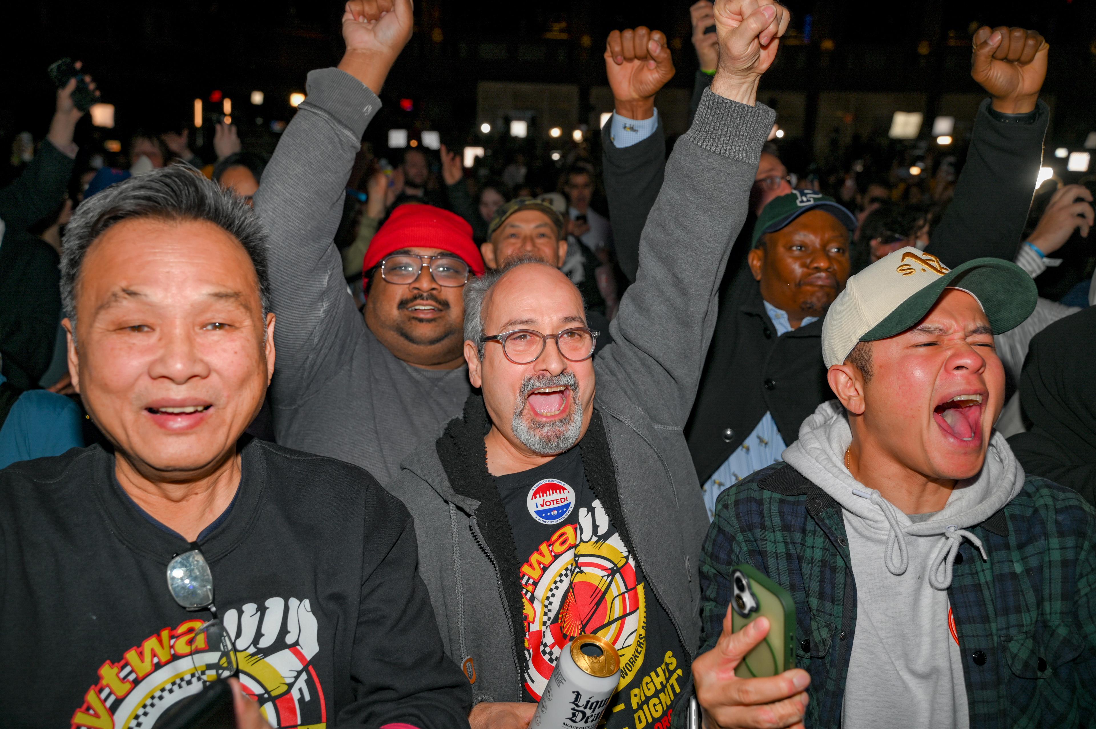 Supporters of newly elected New York City Mayor Zohran Mamdani celebrate his victory during a rally in Brooklyn, New York, U.S., November 4, 2025.