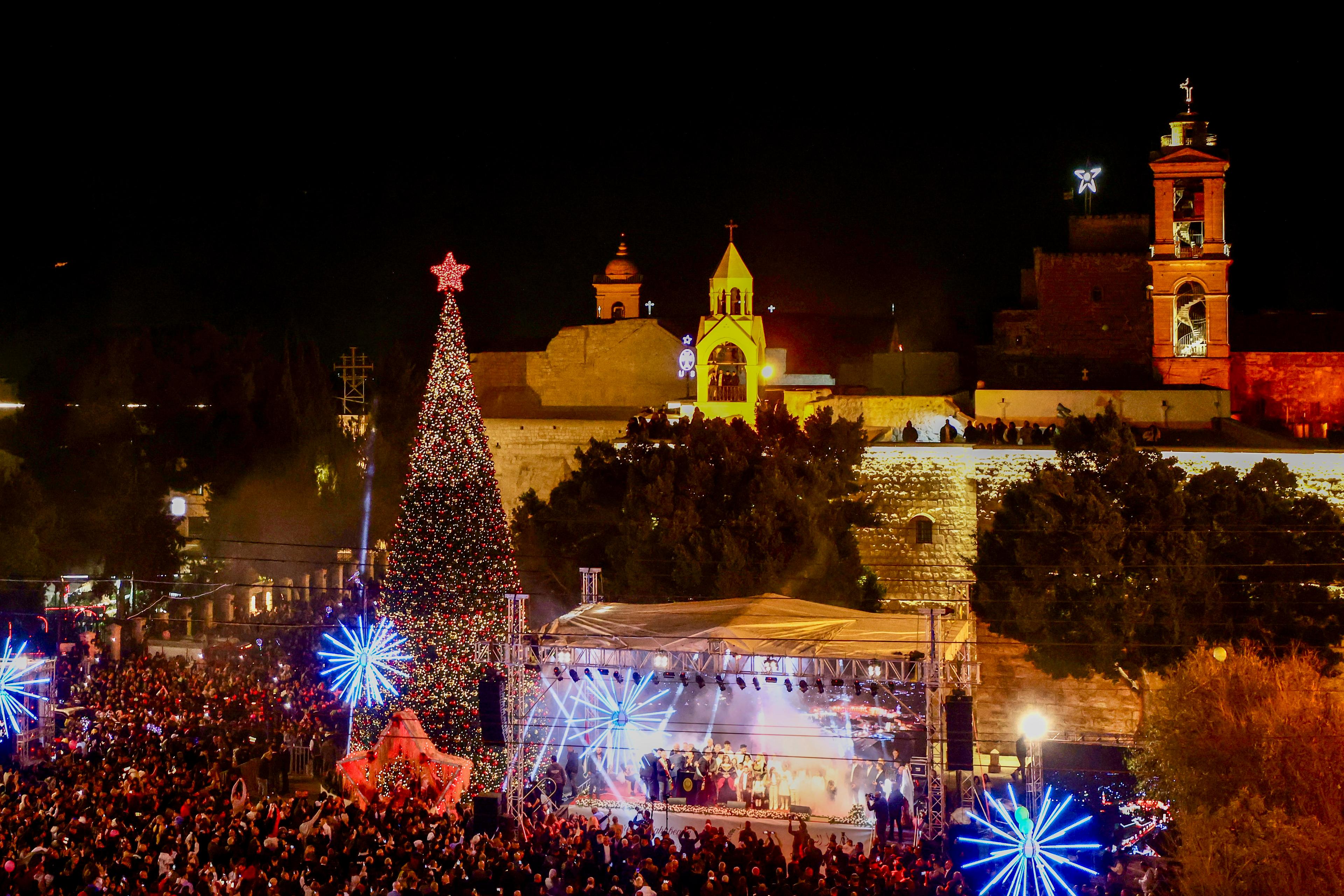 A Christmas tree lighting ceremony in the West Bank city of Bethlehem, December 6, 2025.
