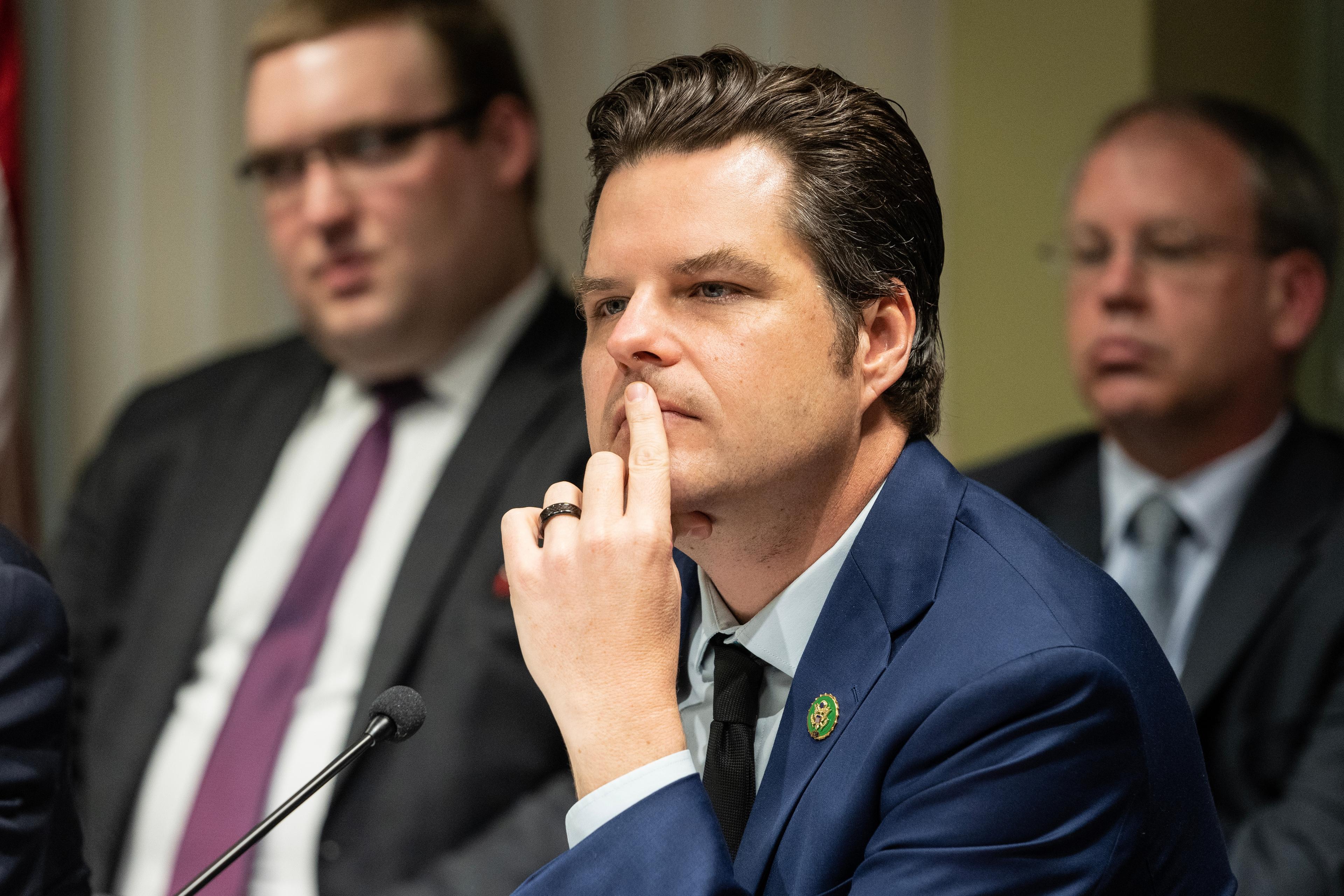 Congressman Matt Gaetz (R) attends House Judiciary Committee field hearing on New York City violent crimes at Javits Federal Building in New York City on April 17, 2023