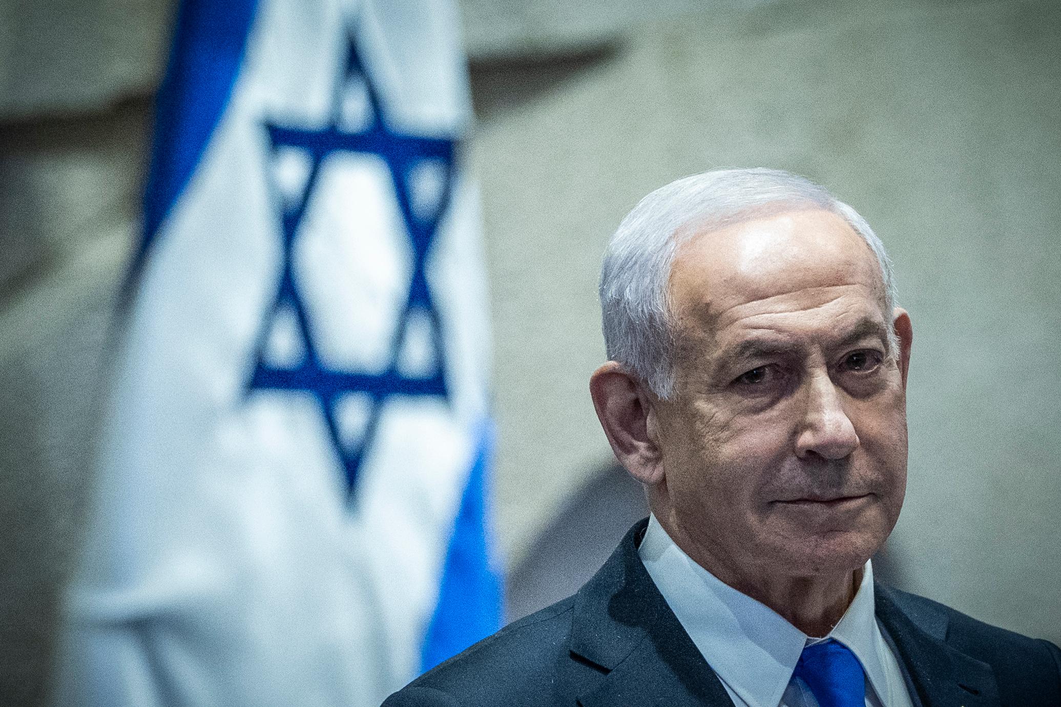 Israeli Prime Minister Benjamin Netanyahu at a 40 signatures debate, at the plenum hall of the Knesset, the Israeli parliament in Jerusalem, on December 8, 2025.