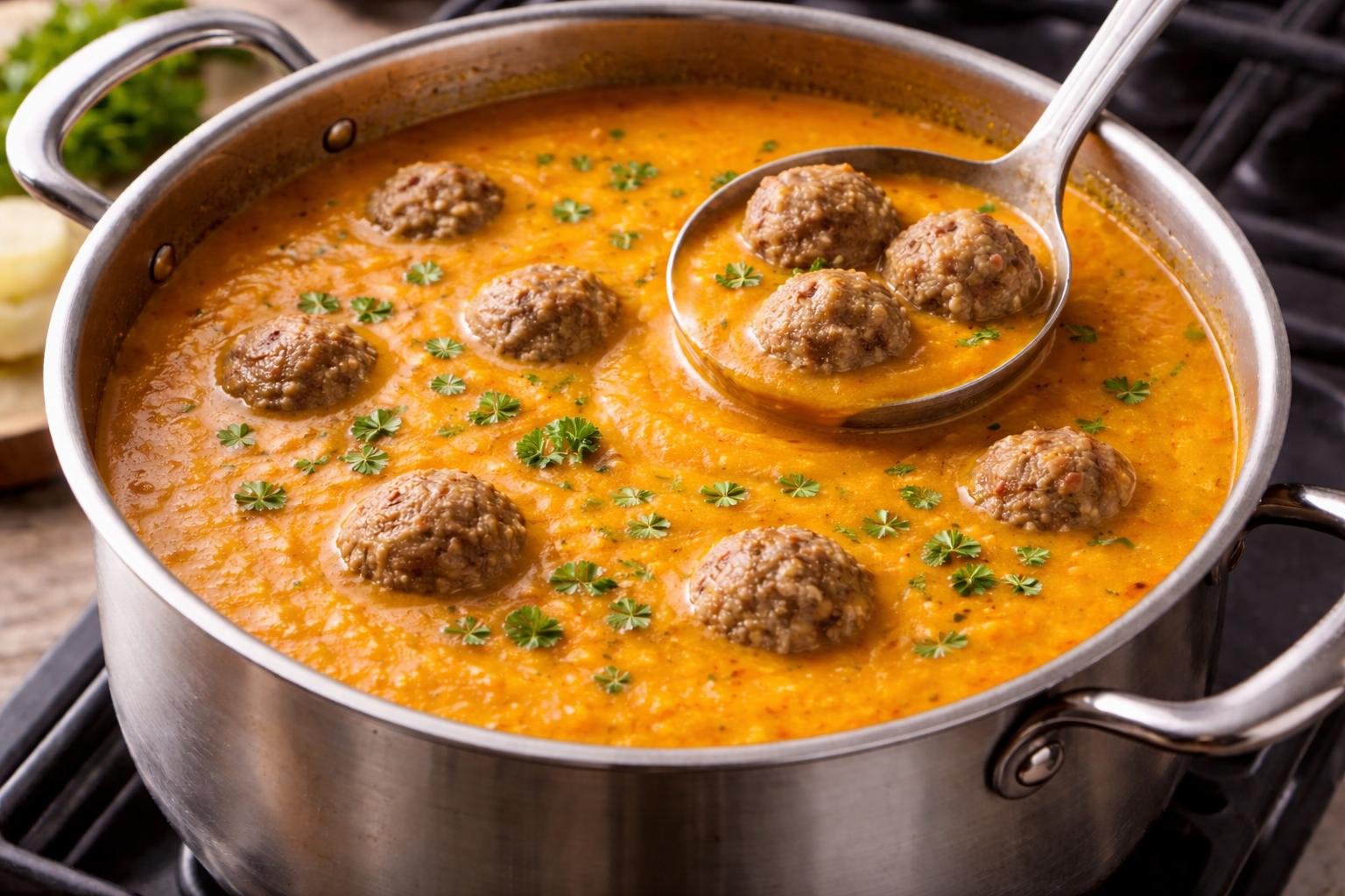 A pot of soup simmering on the stove.