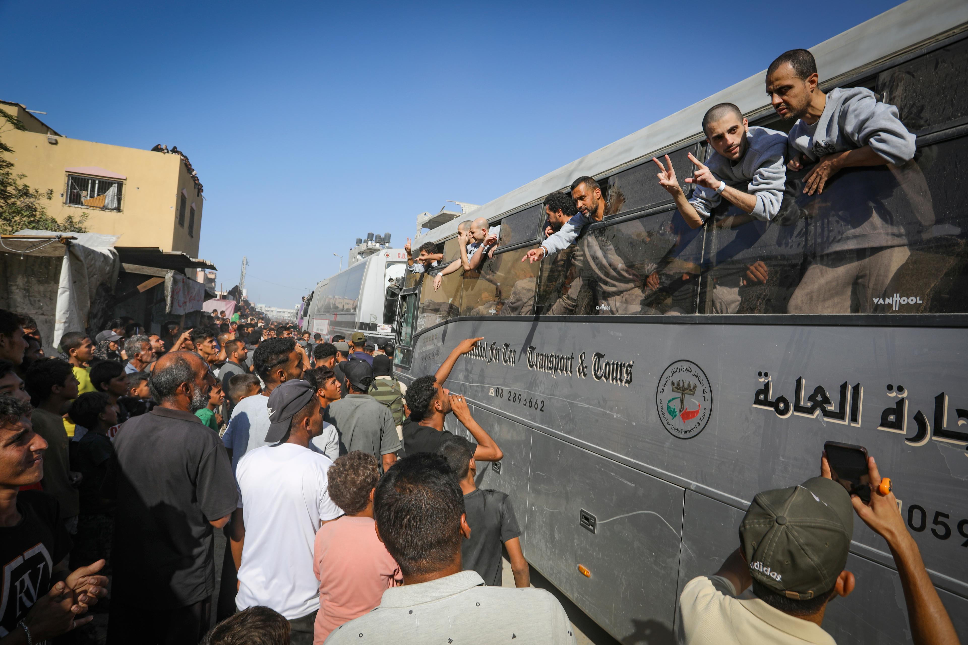 Palestinian prisoners arive in Khan Yunis, October 13th, 2025 [This is not the picture referred to below]