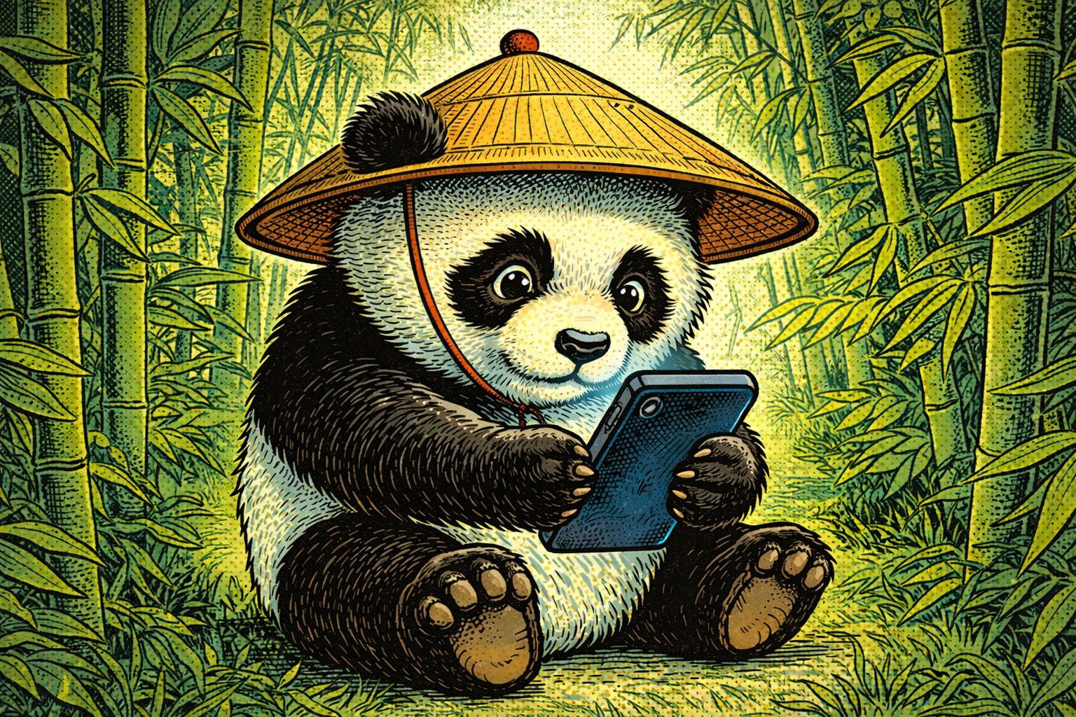 A panda cub playing on his phone. Illustration.