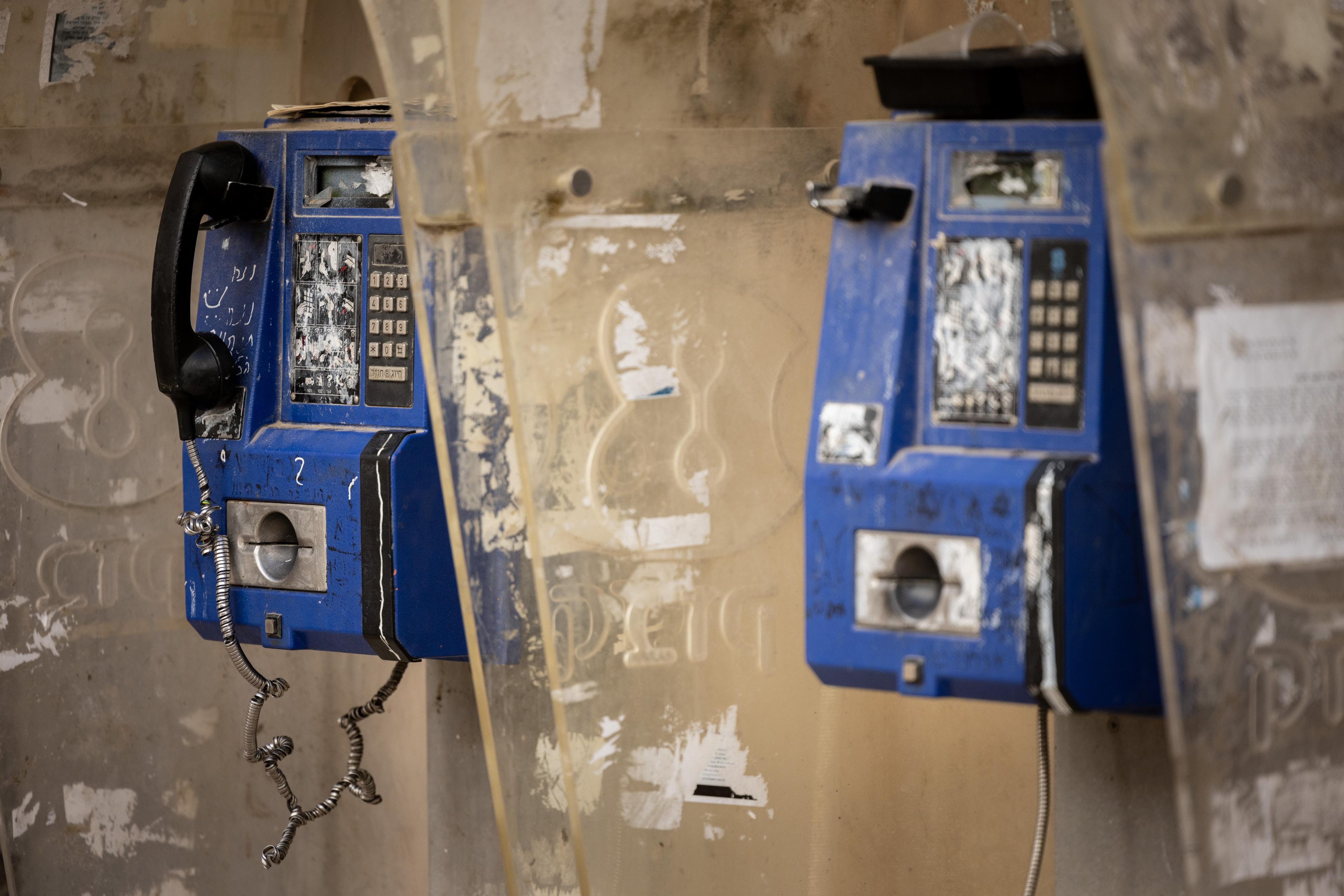 Public telephones n the ultra orthodox Jewish neighbourhood of Meah Shearim, in Jerusalem on December 22 2024.