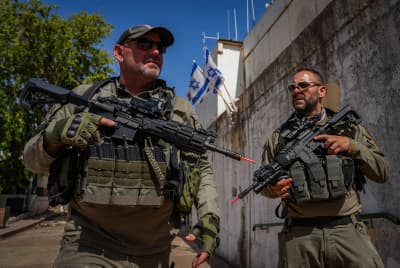 Israeli reserve soldiers take part in a military drill in the northern Israeli city of Kiryat Shmona, June 18, 2024.