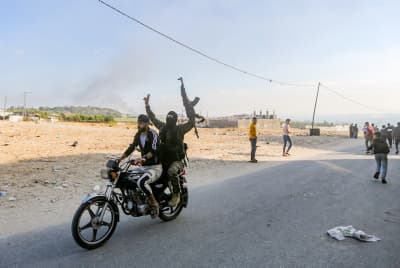 Palestinians at the Erez Crossing, between Israel and the northern Gaza Strip, October 7, 2023.